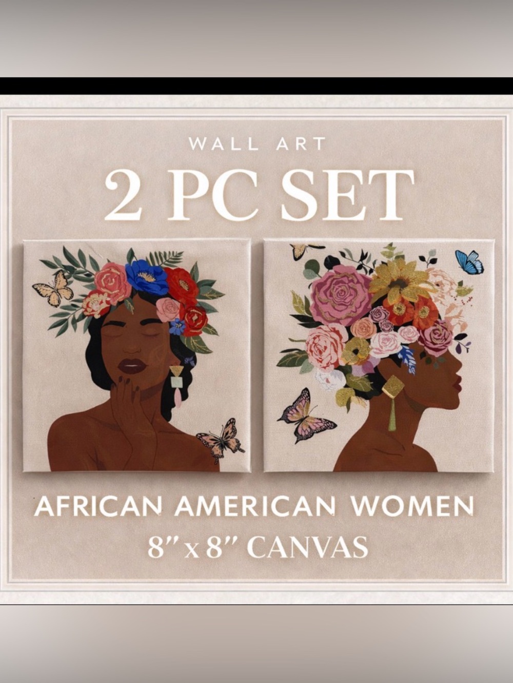 Floral Brown Skin Woman Canvas Wall Art Set 8x8 Boho Butterfly Decor
